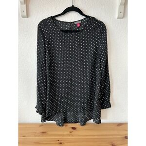 Vince Camuto Womens Medium Pullover Tunic Blouse Black White Polka Dot Long Slv